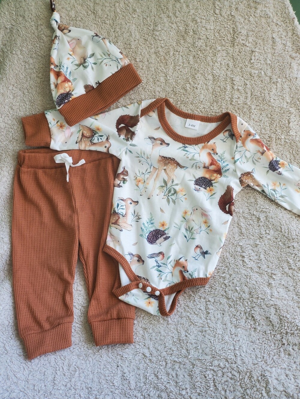 Woodland Animal Print Long-Sleeve One-Piece with Rust Pants & Hat Set